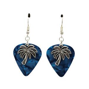 Flat Palm Tree Charm on Guitar Pick Earrings - Choose Color - Handmade in USA